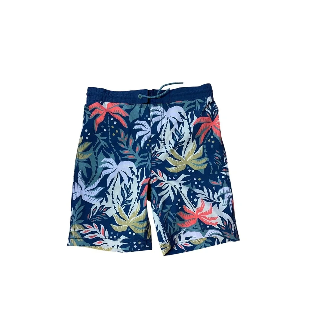 Old‎ Navy Boys Tropical Palm Swim Trunks UPF 50 Navy /Coral / tan L 10-12